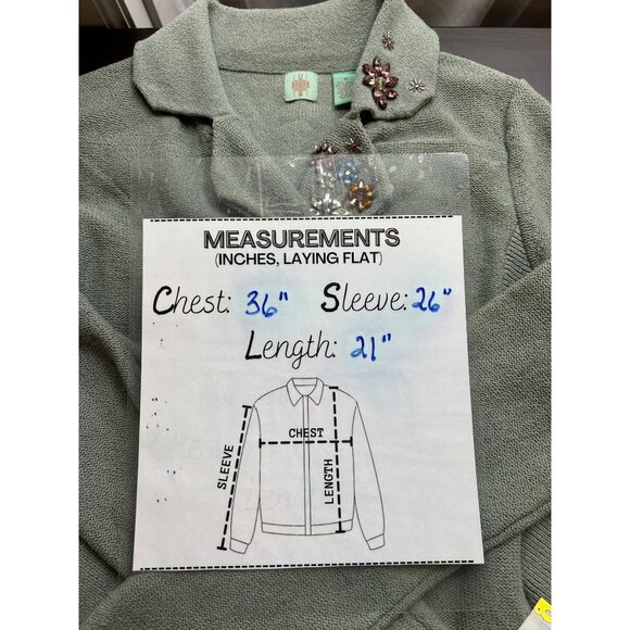 Anthropologie Hi-Line Embellished Knit Cardigan Jacket Medium Sage Green Beaded - Picture 6 of 10